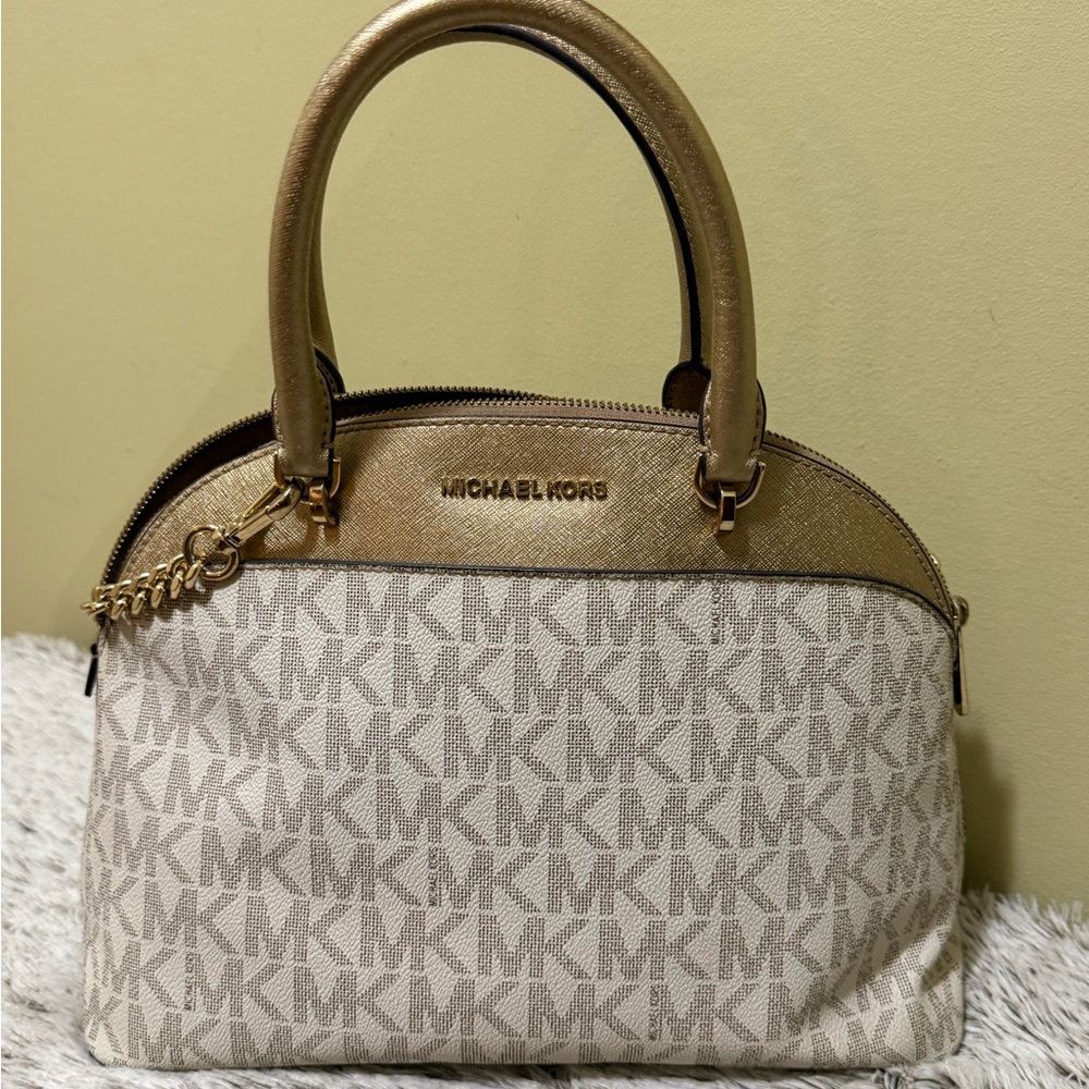 SOLD - Michael Kors Cream and Gold Signature Handbag